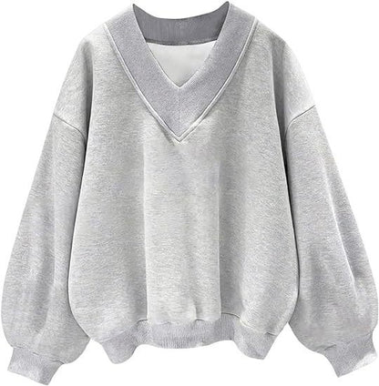 Colorblock V Neck Fleece Sweatshirt Women Casual Pullover Top