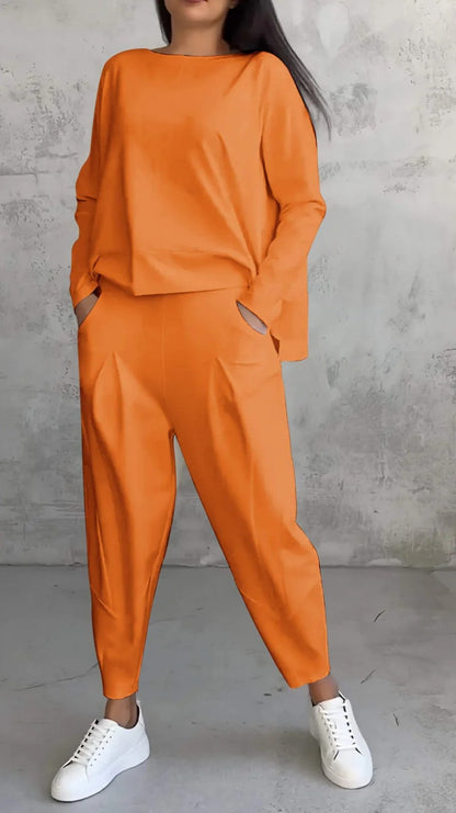 Womens Casual Two Piece Set Long Sleeve Top Pants Pockets