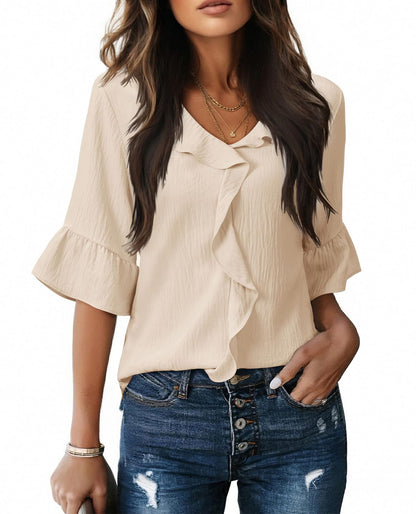 Ruffle V Neck 3/4 Sleeve Textured Blouse Top