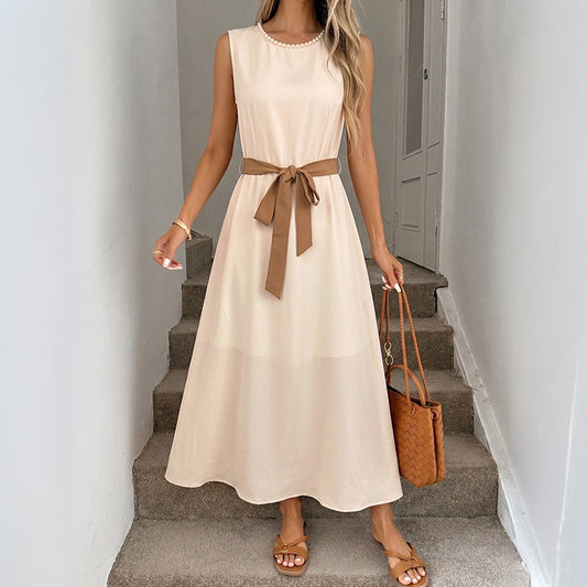 Sleeveless Belted Midi Dress Elegant A-Line Summer Dress