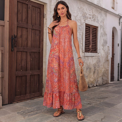Boho Abstract Print Halter Maxi Dress Backless Resort Dress