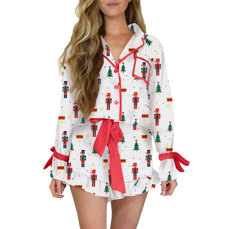 Women's Printed Satin Pajama Shorts Set Long Sleeve