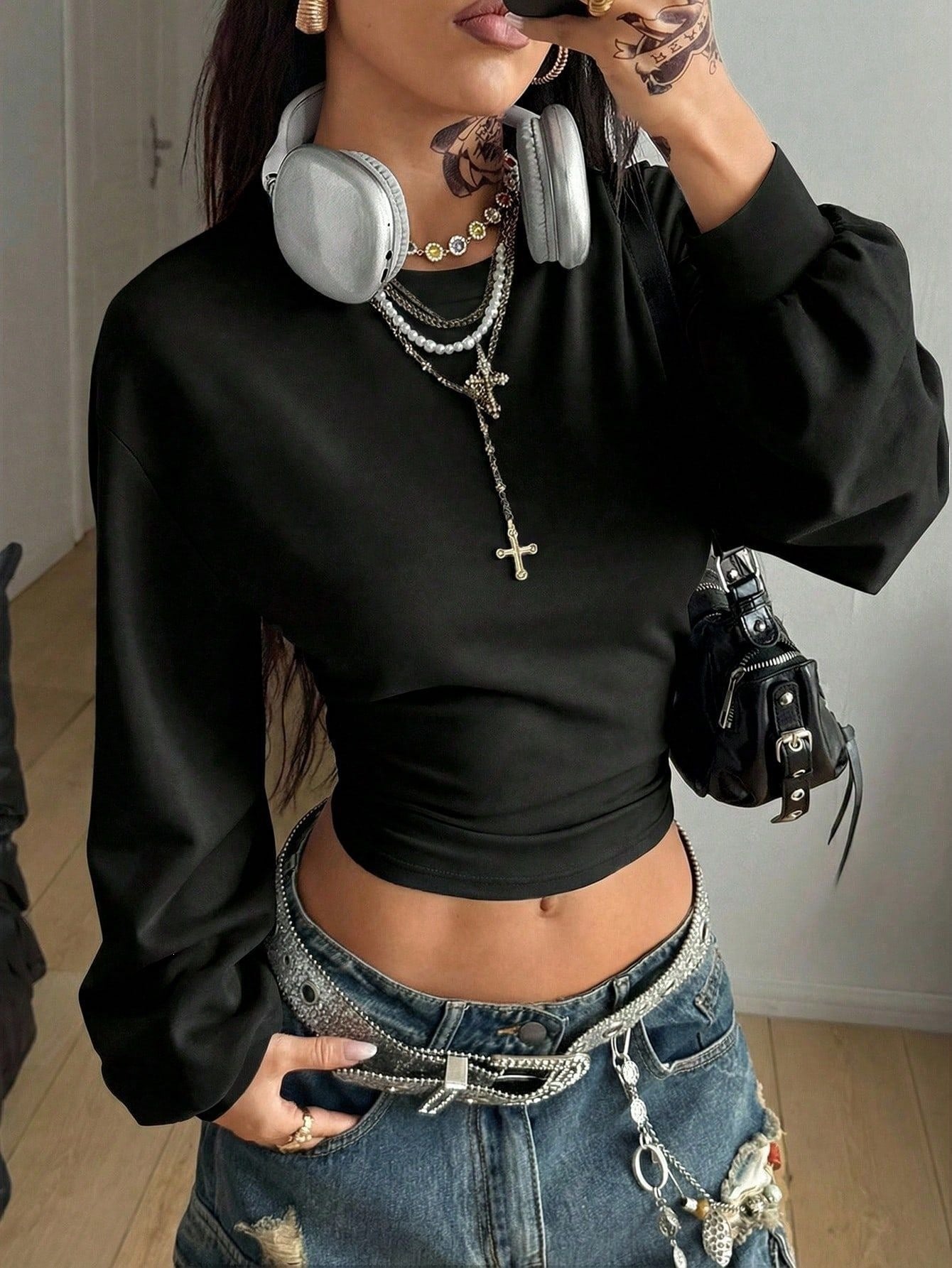 Y2K Crop Sweatshirt Slim Fit Solid Long Sleeve Top