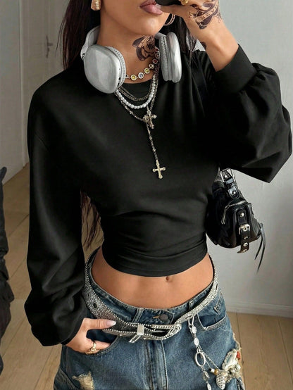 Y2K Crop Sweatshirt Slim Fit Solid Long Sleeve Top