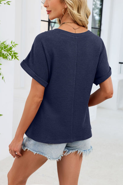 Crochet Lace Yoke Short Sleeve Waffle Knit Casual Top