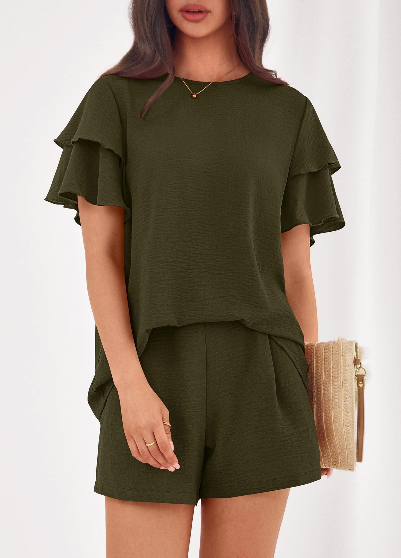 Solid Lounge Set Ruffle Sleeve Top Shorts 2 Piece Set