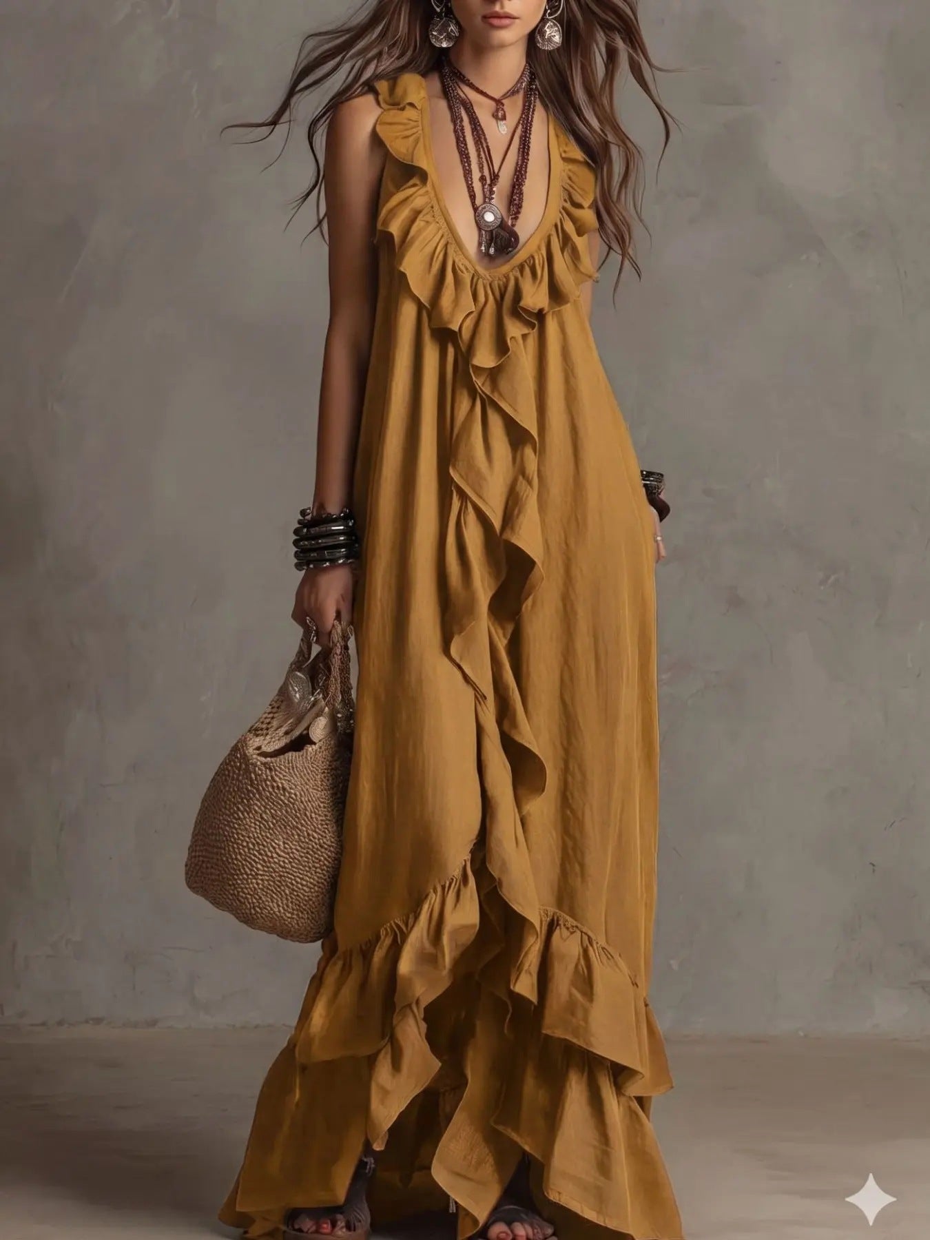 Women's Boho Ruffle V-Neck Sleeveless Maxi Dress