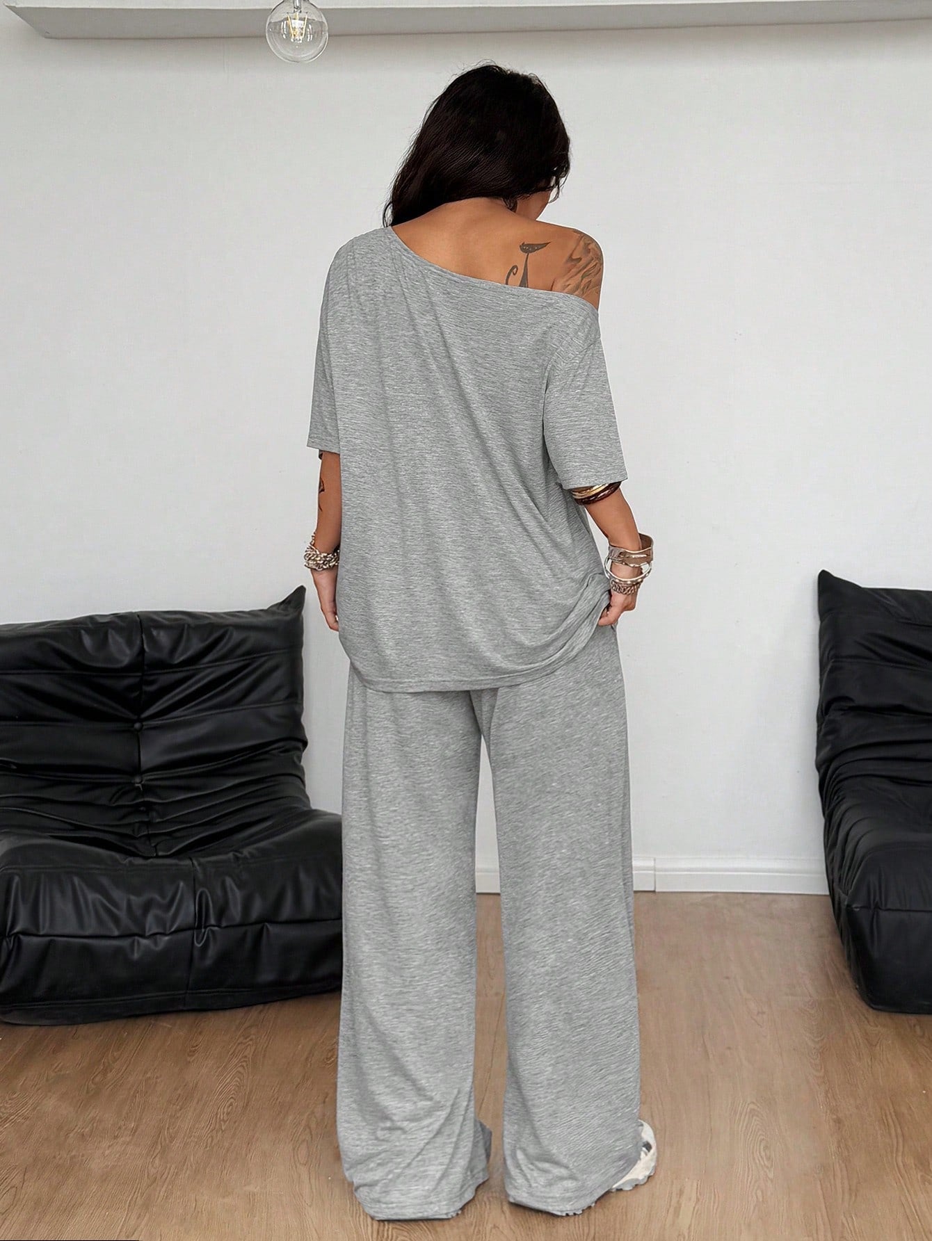 Off Shoulder Top Wide Leg Pants Lounge Set