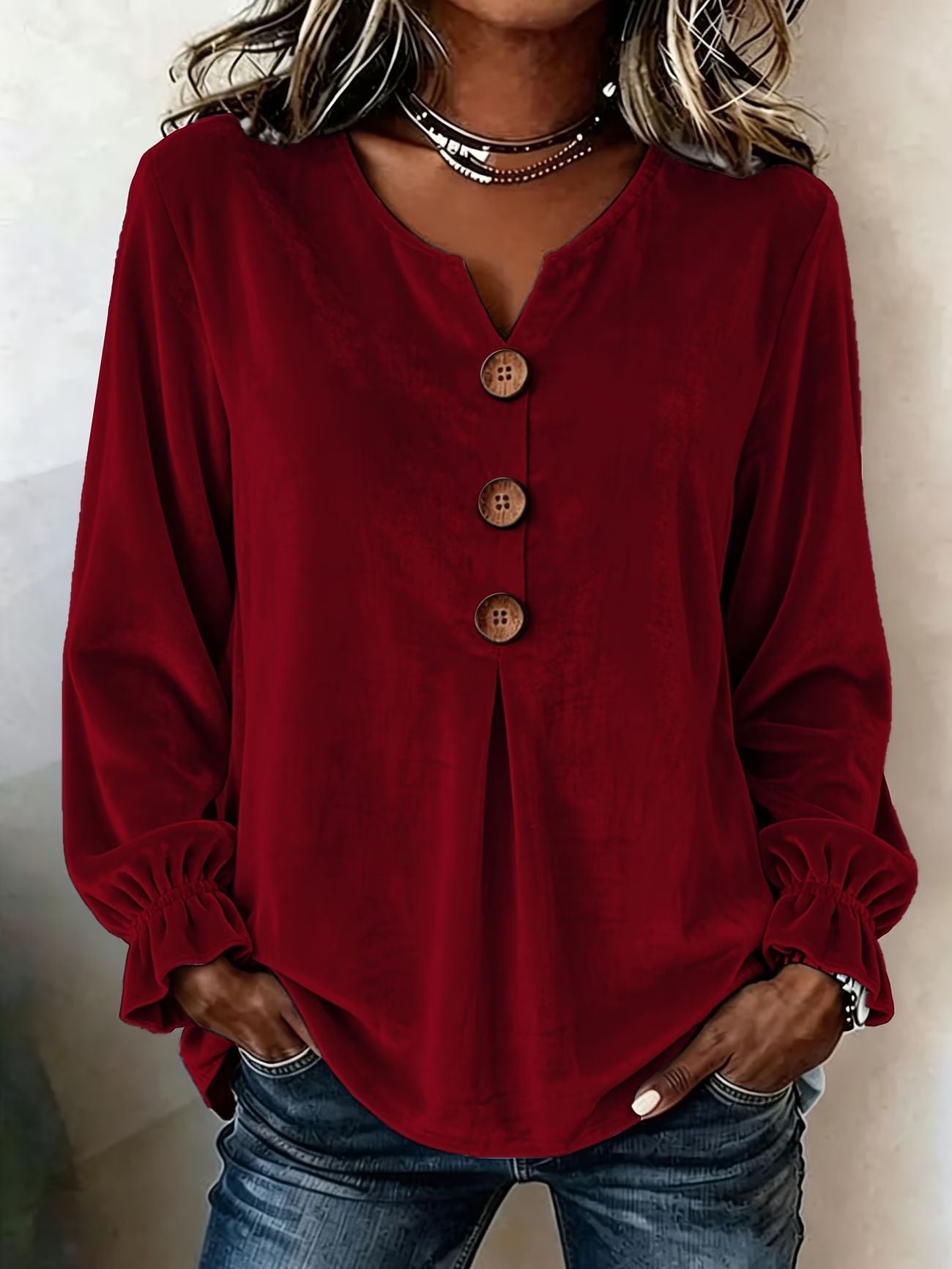 Women's Boho Velvet V-Neck Button Bell Sleeve Blouse