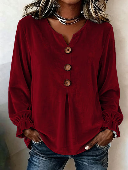 Women's Boho Velvet V-Neck Button Bell Sleeve Blouse