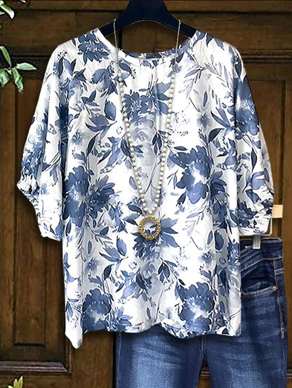 Women's Oversized Blue Floral 3/4 Sleeve Tunic Top