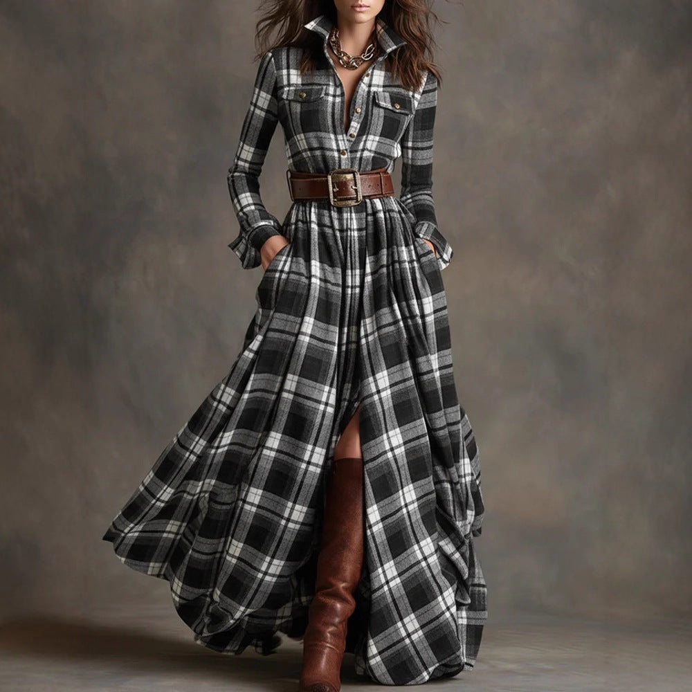 Plus Size Plaid Maxi Shirt Dress Belted Long Sleeve