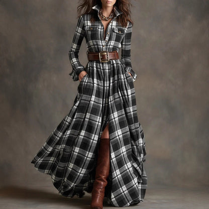 Plus Size Plaid Maxi Shirt Dress Belted Long Sleeve