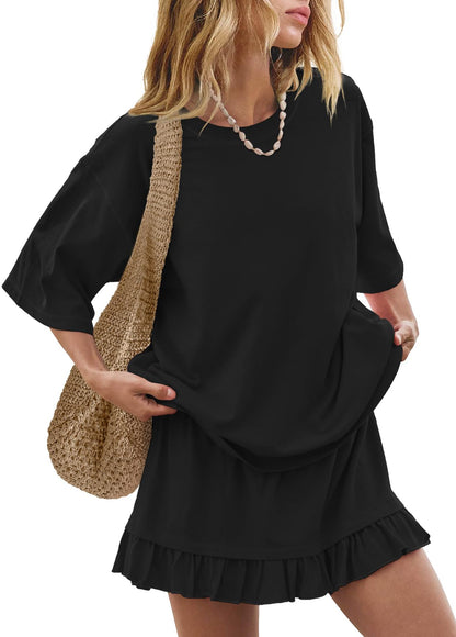 Women's Oversized Tee & Ruffle Mini Skirt Two Piece Set