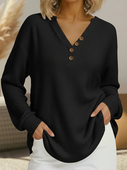 Women's Waffle Knit V Neck Henley Long Sleeve Top