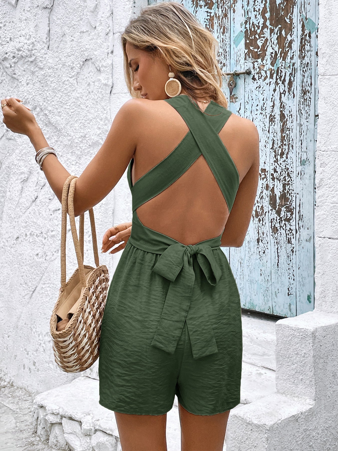 Brown Halter Deep V Backless Vacation Romper