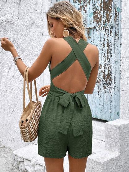 Brown Halter Deep V Backless Vacation Romper