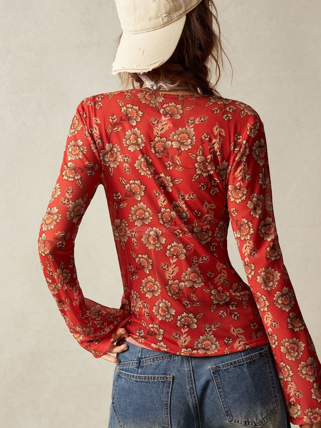 Vintage Floral Print V Neck Button Front Slim Fit Blouse