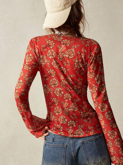 Vintage Floral Print V Neck Button Front Slim Fit Blouse