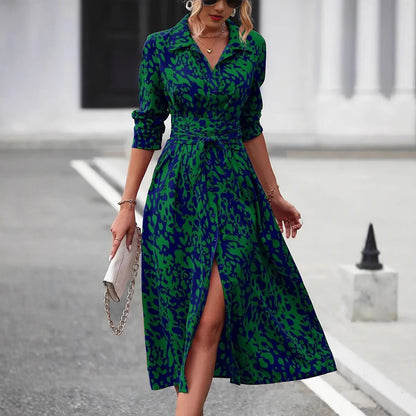 Women's Long Sleeve Printed Shirt Dress Tie Waist Midi