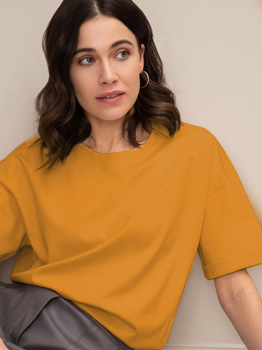 Solid Cotton T Shirt Loose Fit Crewneck Casual Top