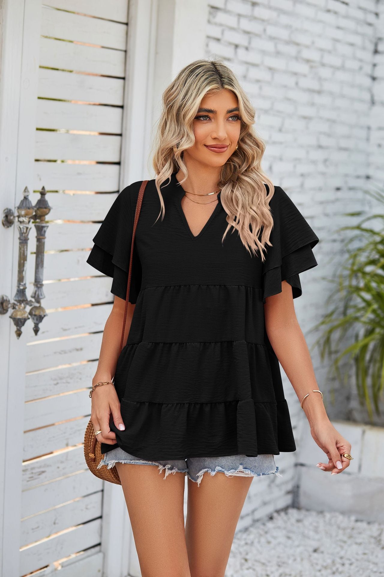 V-Neck Double-Sleeve Sweet Doll Shirt