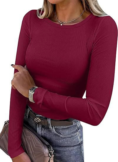 Women's Ribbed Long Sleeve Crew Neck Fitted Tee