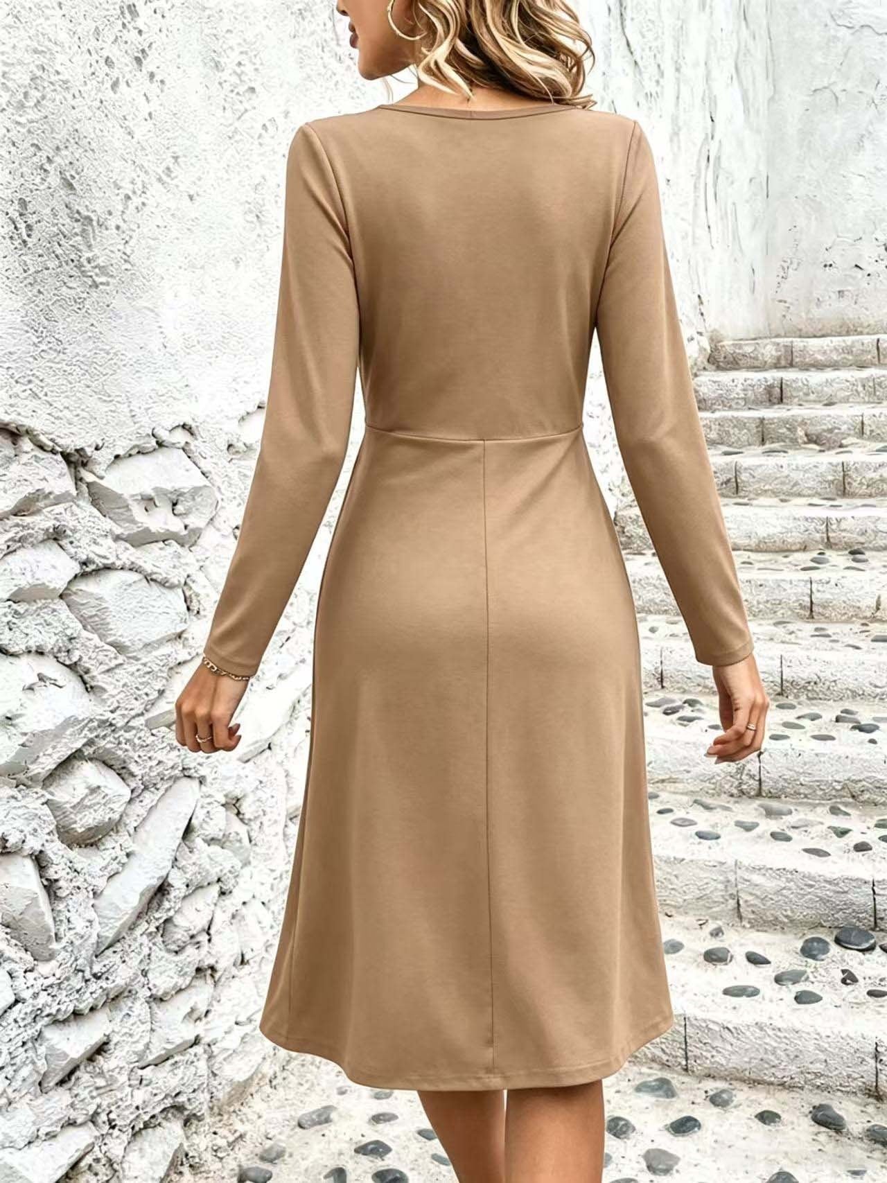 Women's V-Neck Long Sleeve Twist Front A-Line Midi Dress