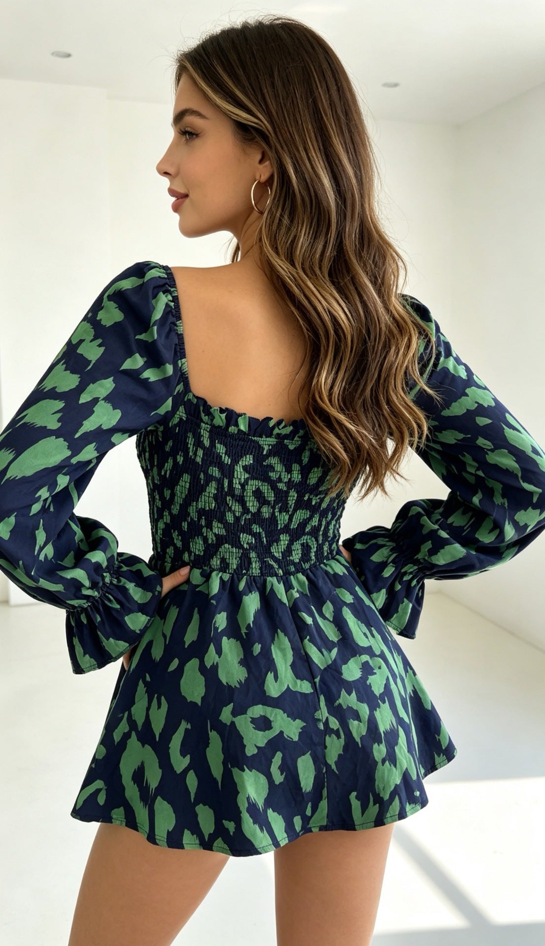 Square Neck Smocked Leopard Blouse Puff Long Sleeve