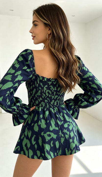 Square Neck Smocked Leopard Blouse Puff Long Sleeve