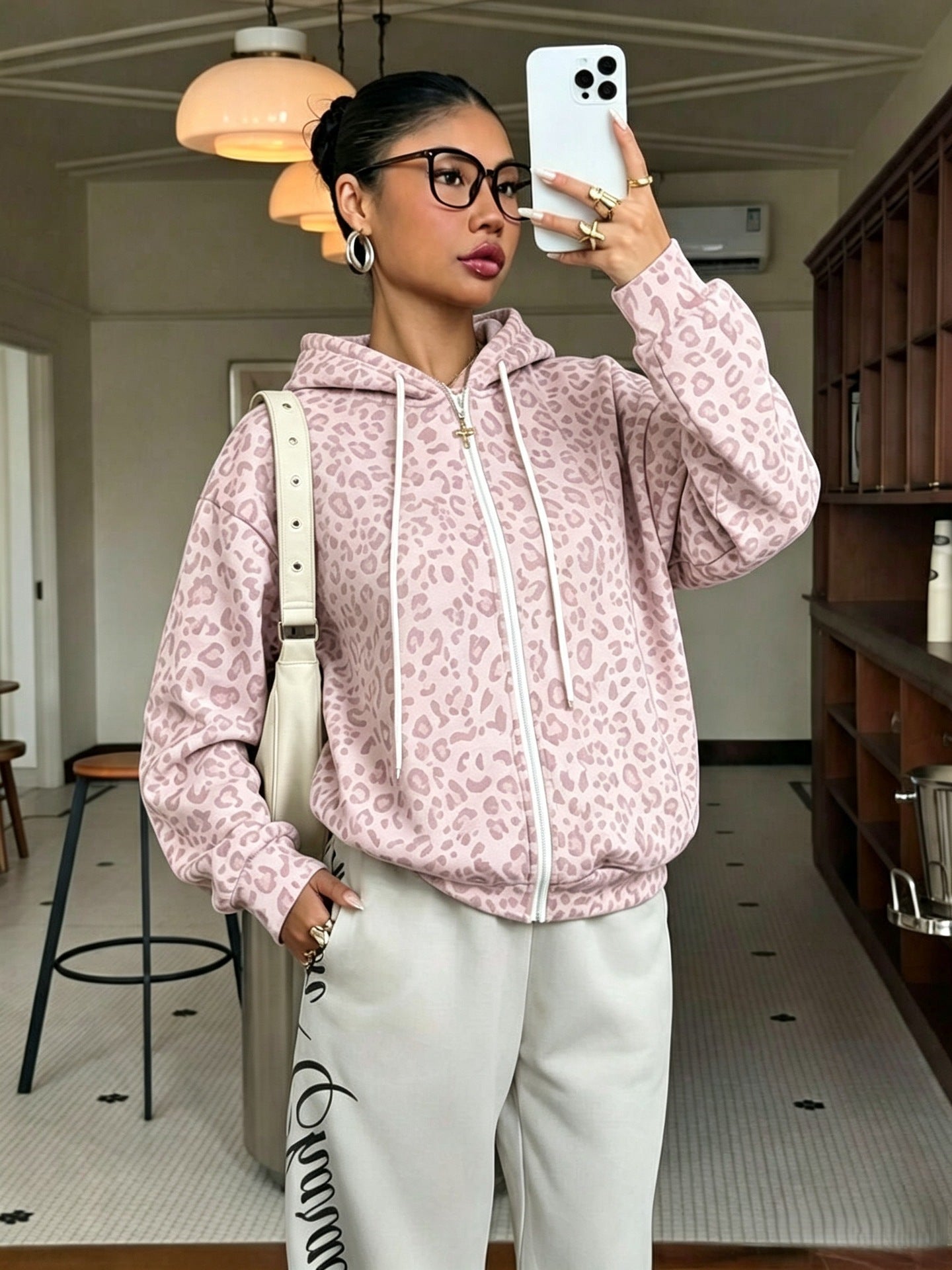 Y2K Leopard Print Fleece Zip Up Hoodie