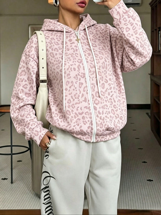 Y2K Leopard Print Fleece Zip Up Hoodie