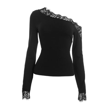 Women's Sexy Lace One Shoulder Long Sleeve Fitted Top