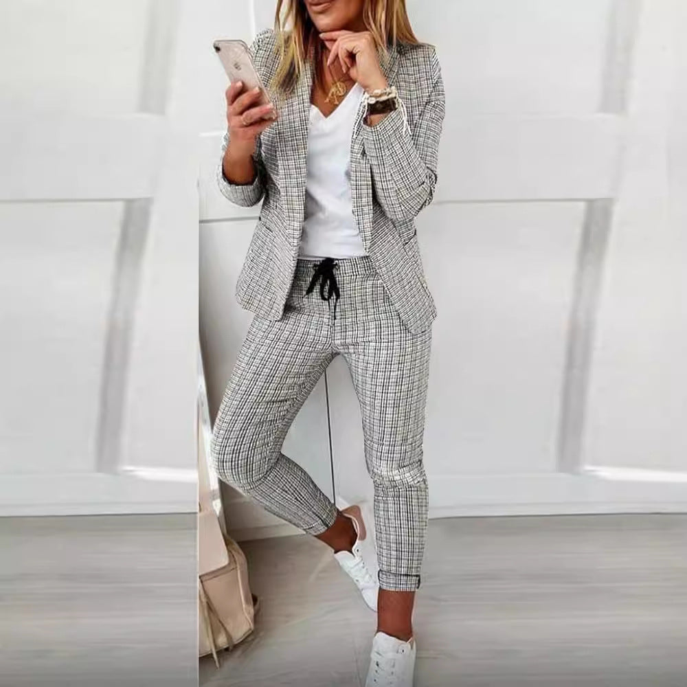 Women's Plaid Blazer Pants Set 2 Piece