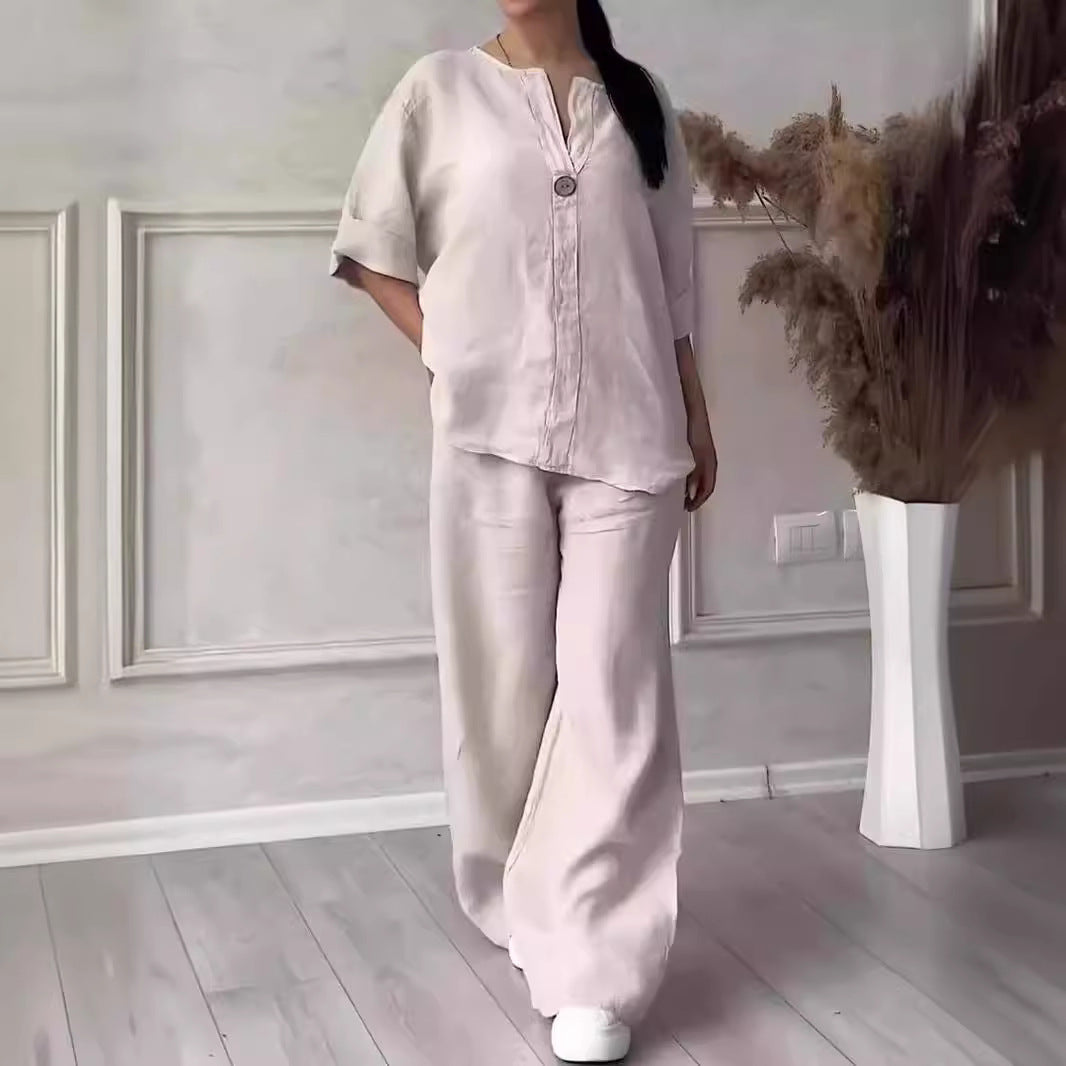 Womens Linen Two Piece Set Button Top Wide Leg Pants