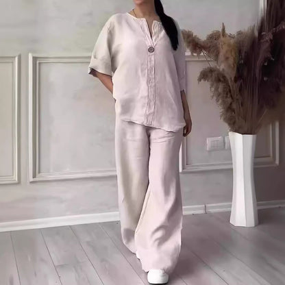 Womens Linen Two Piece Set Button Top Wide Leg Pants