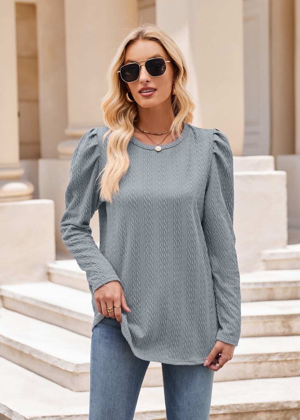 Burgundy Textured Knit Puff Sleeve Long Sleeve Top