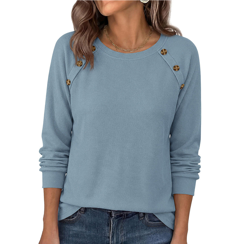 Waffle Knit Button Henley Top Crew Neck Long Sleeve Tee