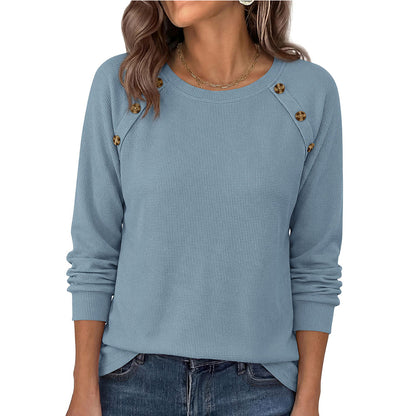 Waffle Knit Button Henley Top Crew Neck Long Sleeve Tee