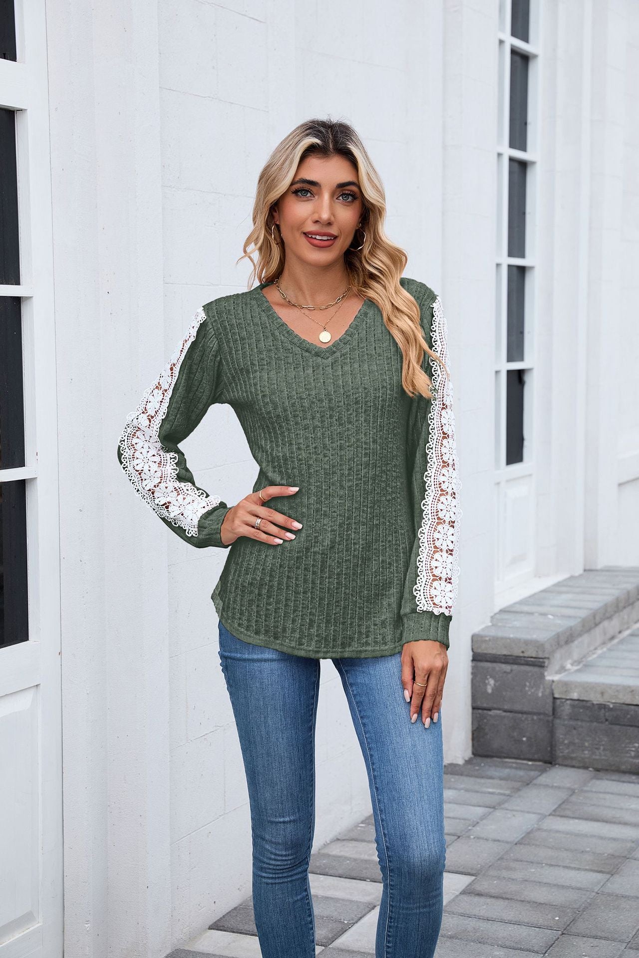 Women's V Neck Lace Long Sleeve Tunic Top