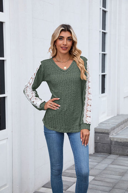 Women's V Neck Lace Long Sleeve Tunic Top