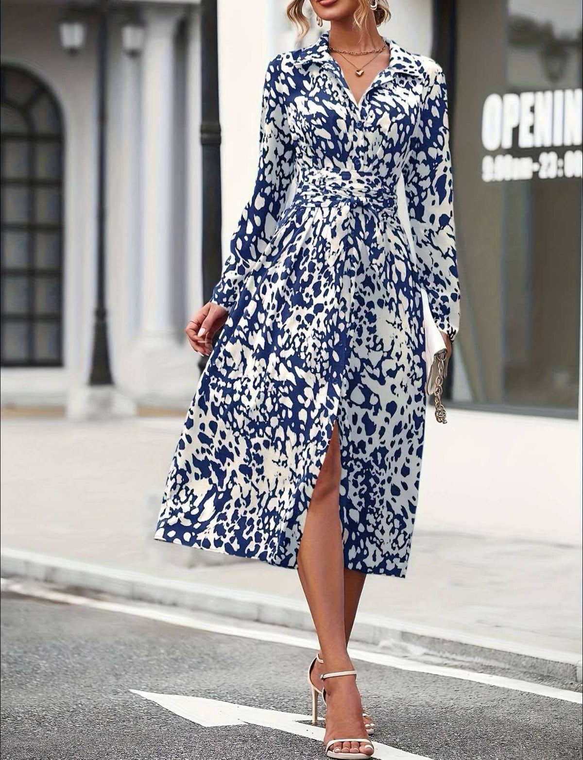 Women's Long Sleeve Printed Shirt Dress Tie Waist Midi