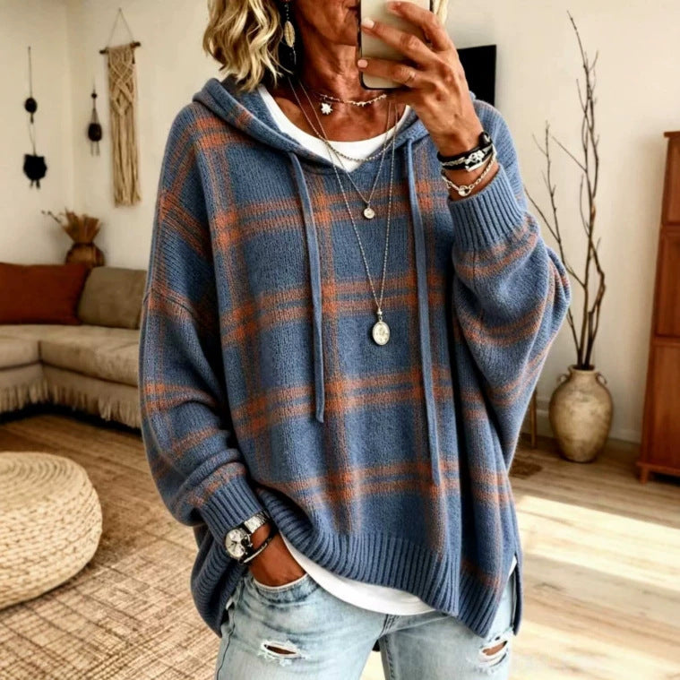 Women's Plaid Hooded Oversized Knit Pullover Sweater