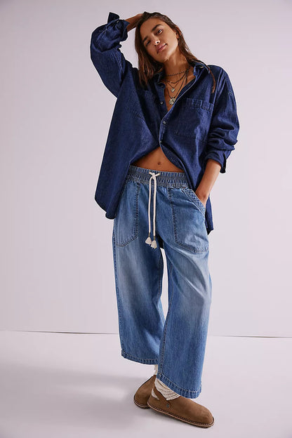 Women's Baggy Wide Leg Jeans Elastic Waist Drawstring
