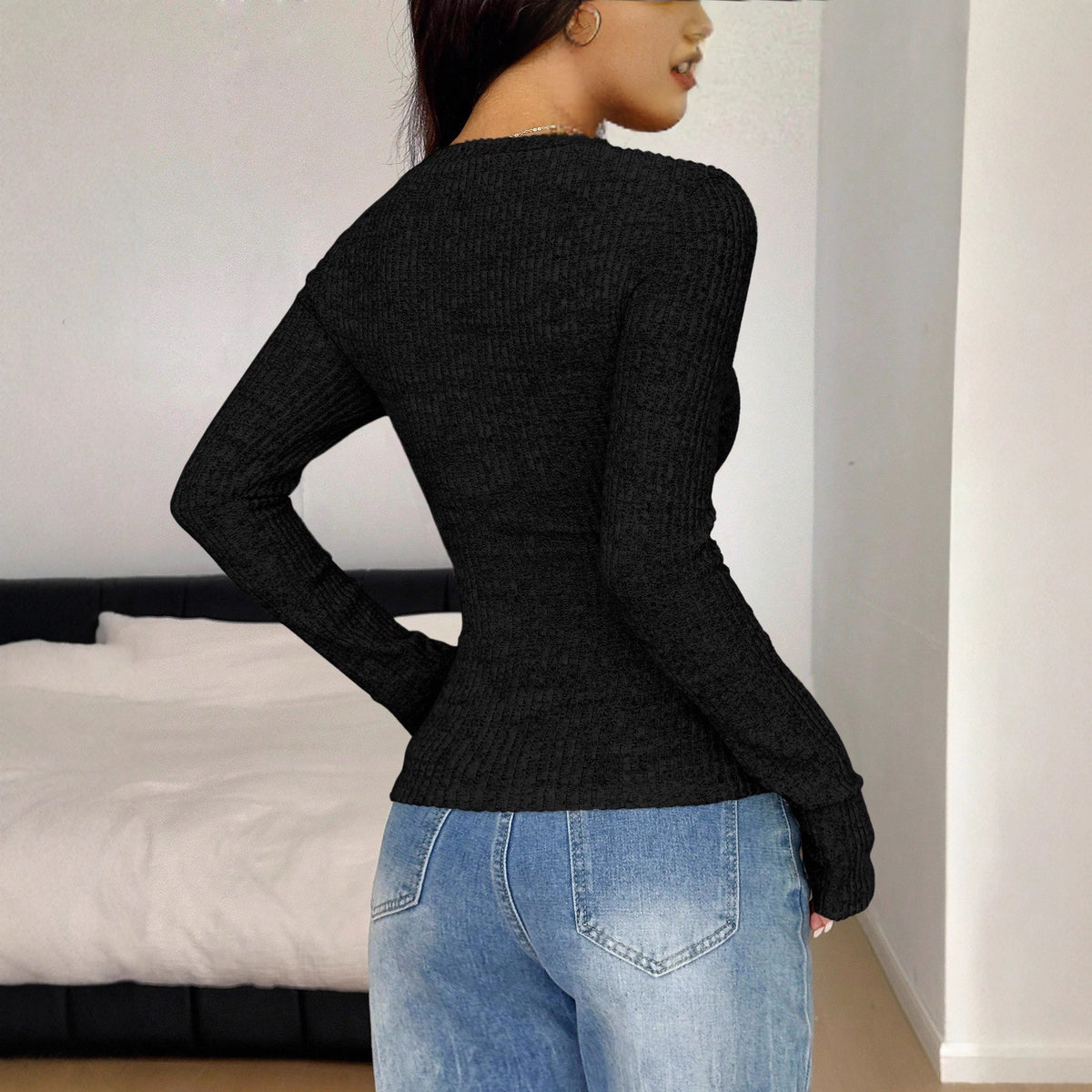 Women's Lace Trim V Neck Long Sleeve Ribbed Button Top