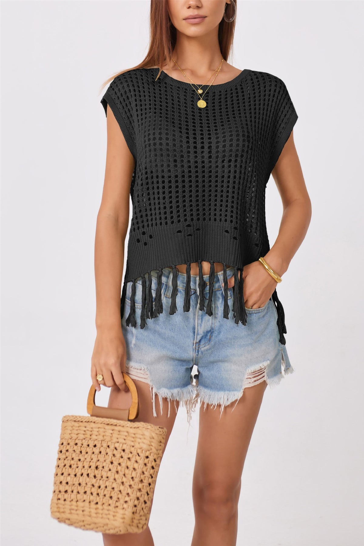 Women's Oversized Crochet Fringe Tank Top Boho Summer