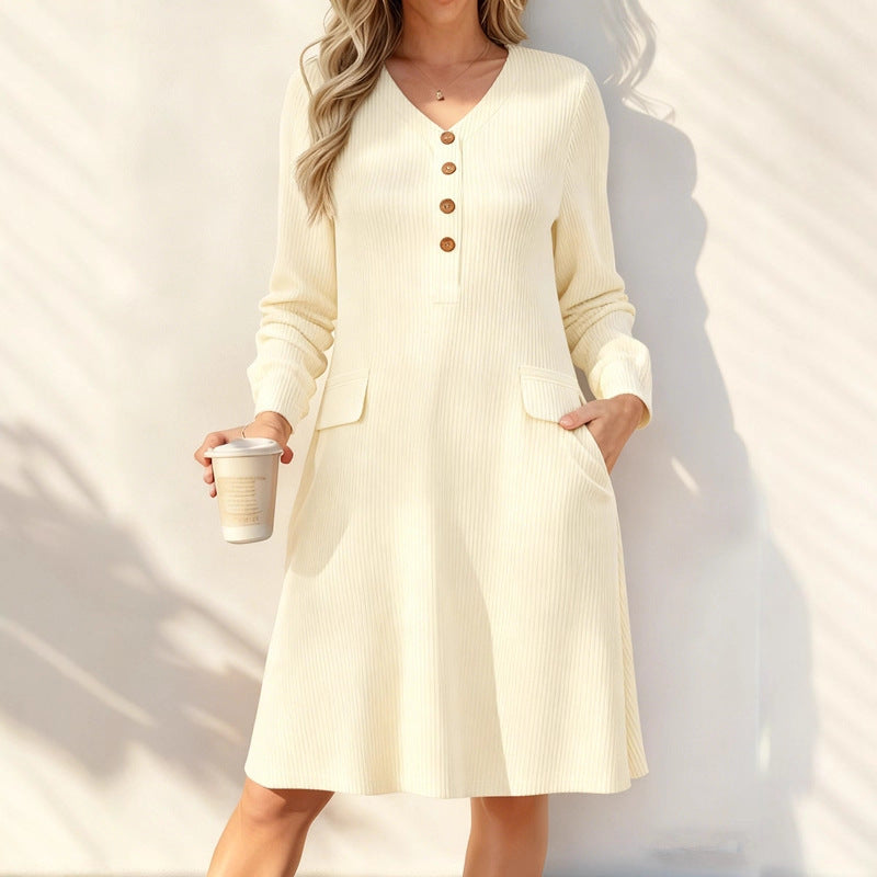 Ribbed V Neck Button Long Sleeve Midi Knit Dress Pockets