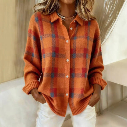 Women's Plaid Collared Button Down Knit Cardigan Sweater