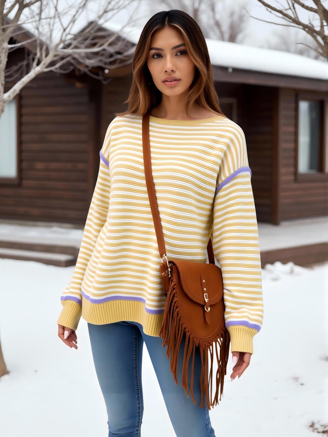 Stripe Knit Oversized Sweater Crew Neck Pullover Top