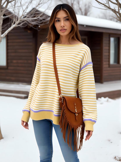 Stripe Knit Oversized Sweater Crew Neck Pullover Top